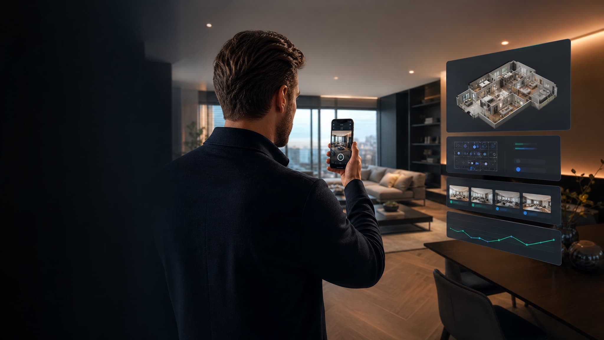 Makelaar filmt een woninginterieur met een telefoon voor een 3D walkthrough