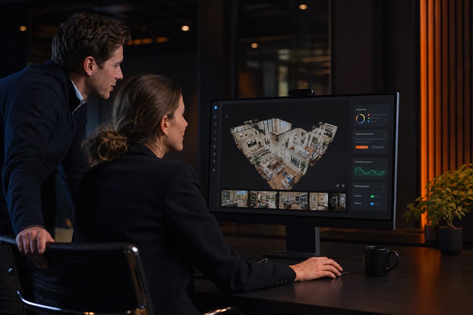 Makelaarsteam beoordeelt een 3D scan op een monitor